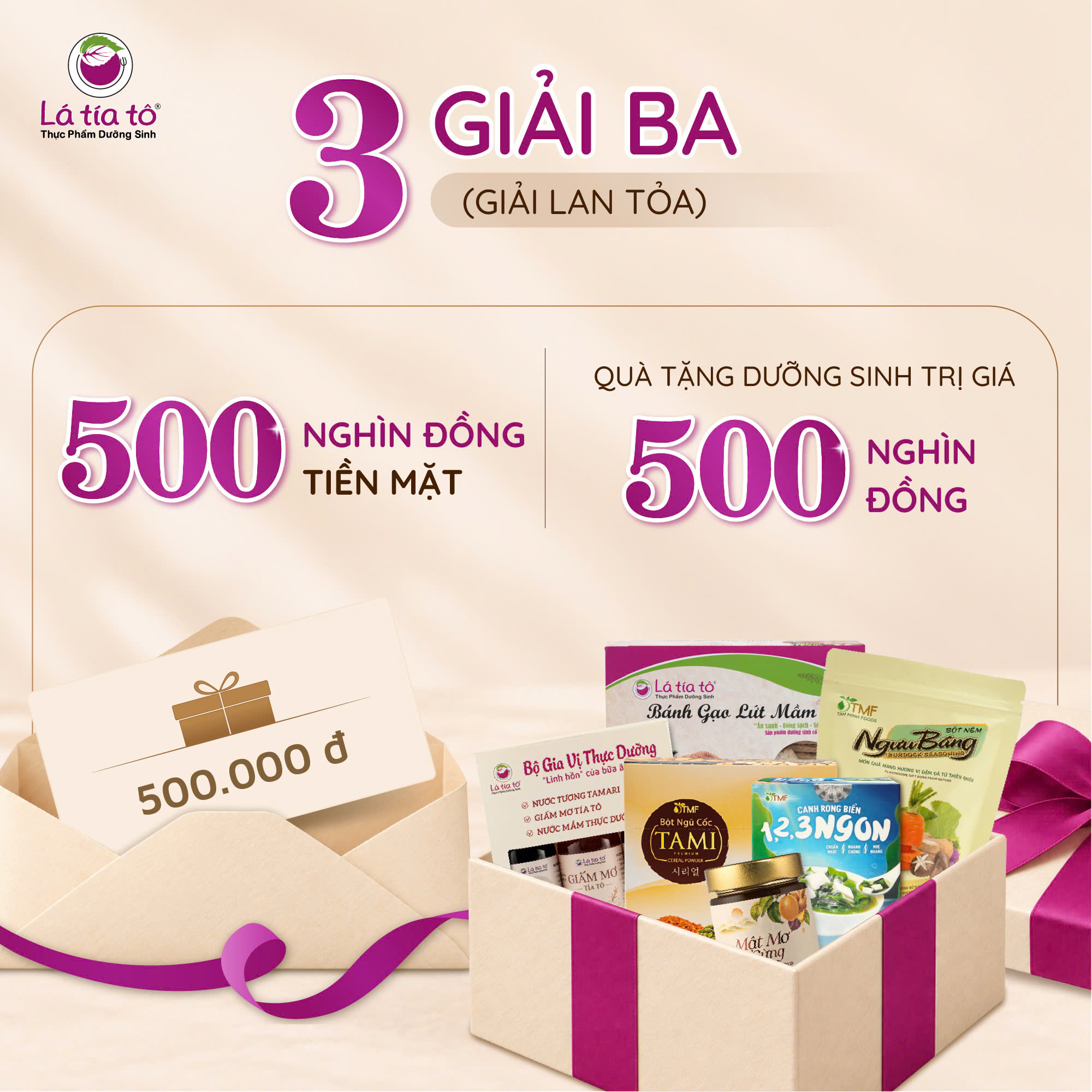 3 giải ba, mỗi giải gồm 500 nghìn đồng tiền mặt và 500 nghìn đồng quà tặng dưỡng sinh.