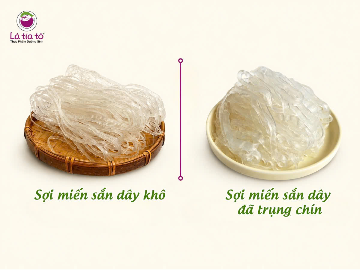 Sợi miến sắn dây thường có màu trắng đục tự nhiên. Sau khi trụng chín, miến sắn dây có độ giòn sần sật nhẹ.