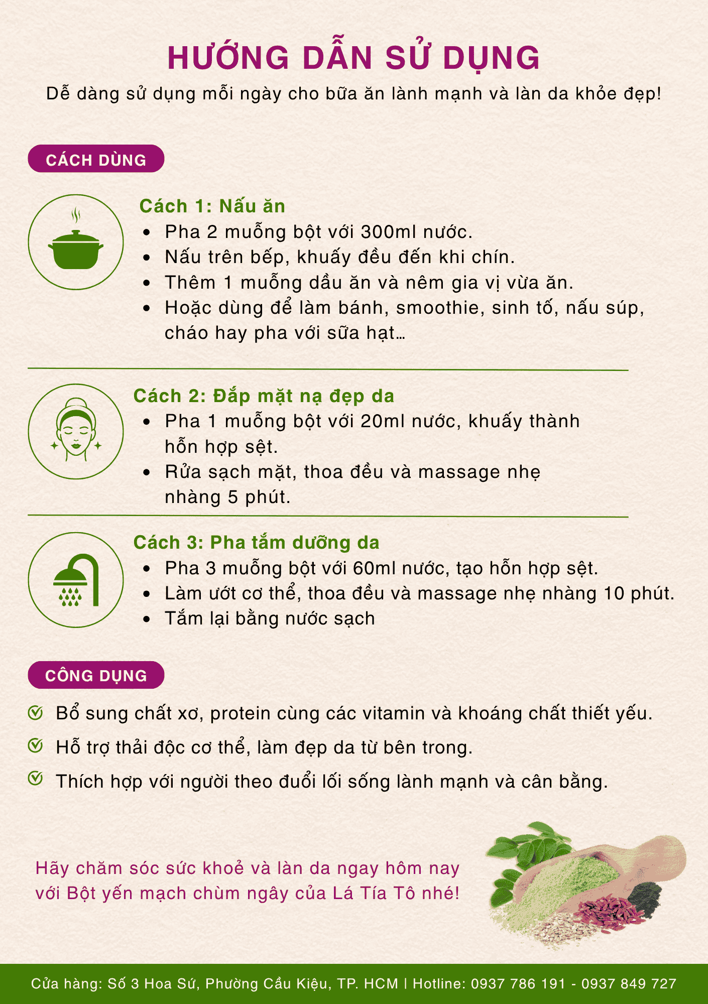 Hướng dẫn sử dụng chi tiết và công dụng của bột yến mạch chùm ngây.