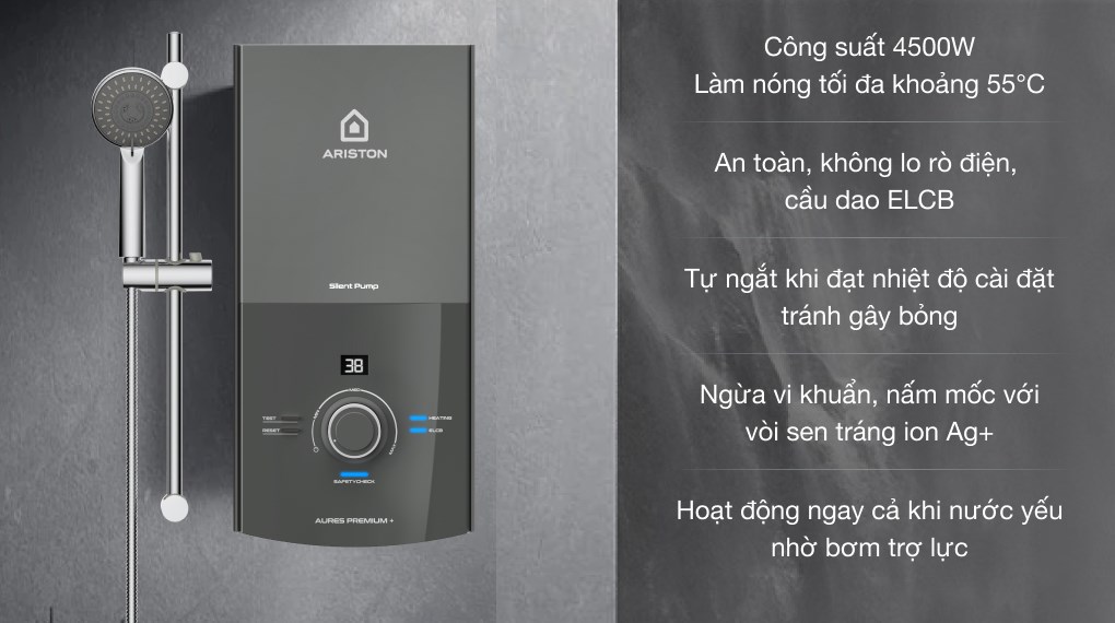 Máy nước nóng trực tiếp Ariston AURES Premium+ 4.5P (Có Bơm trợ lực)