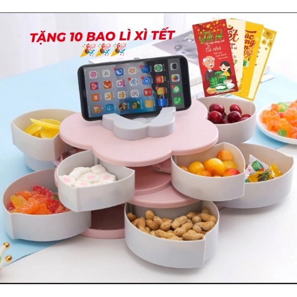 (TẶNG 10 BAO LÌ XÌ) Hộp mứt 2 Tầng đựng bánh kẹo Tết, Khay mứt xoay hình hoa có khe để điện thoại tiện dụng