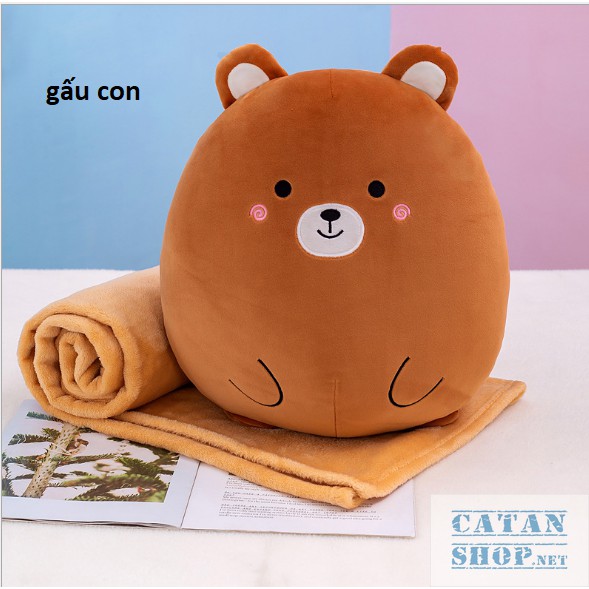 Gối mền tròn cute 3 trong 1 chất nỉ nhung cực mịn, hàng loại 1, gấu bông kèm mền, bộ chăn gối văn phòng GM80-Tron