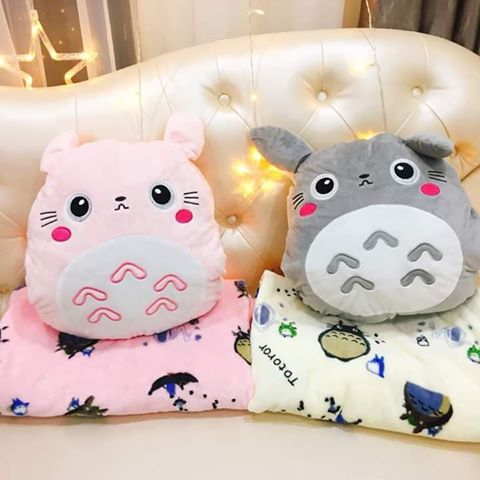 Gối mền TOTORO HOA 3 trong 1 hàng loại 1, nỉ nhung cực mịn, bộ chăn gối văn phòngngủ trưa du lịch