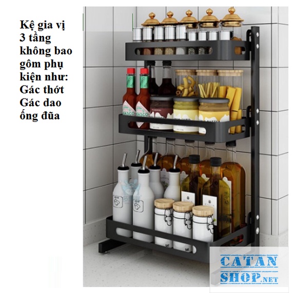 Kệ đựng đồ dùng nhà bếp 3 Tầng phủ sơn tĩnh điện kèm phụ kiện đa năng, Kệ đựng đồ gia vị inox siêu tiện dụng, cao cấp