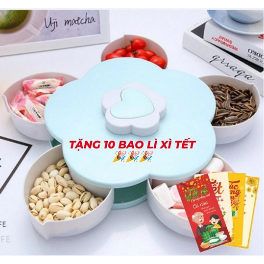 ( TẾT 2022) Khay mứt đựng bánh kẹo Tết, Hộp mứt xoay 1 Tầng xòe cánh hoa có khe để điện thoại, sang trọng GD262-HMXoay1T