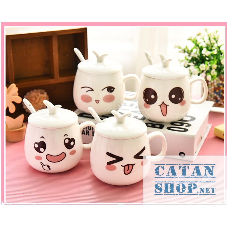 01 Ly cốc sứ có nắp (kèm muỗng)  hình biểu cảm siêu cute (giao mẫu ngẫu nhiên) HK062