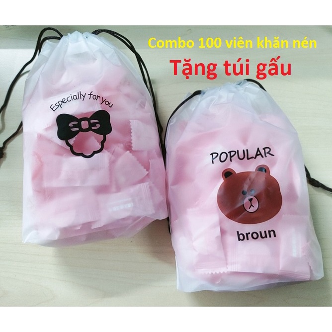 [Tặng túi gấu] Sỉ 100 khăn giấy nén du lịch dạng viên , khăn khô nén Hàn Quốc bỏ túi tiện lợi Khăn nén du lịch.