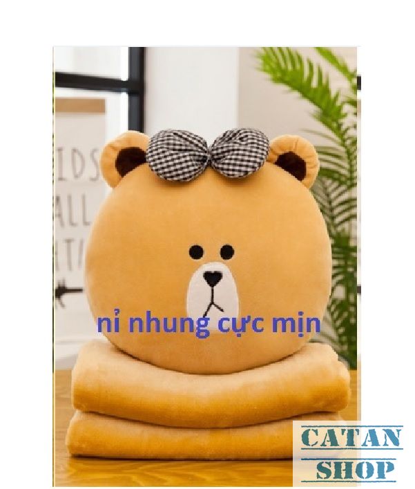 Gối mền Brown bị hun 3 in1, nỉ nhung cực mịn, bộ chăn gối văn phòng GD79-GMGau