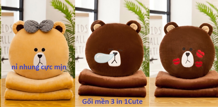 Gối mền Brown bị hun 3 in1, nỉ nhung cực mịn, bộ chăn gối văn phòng GD79-GMGau