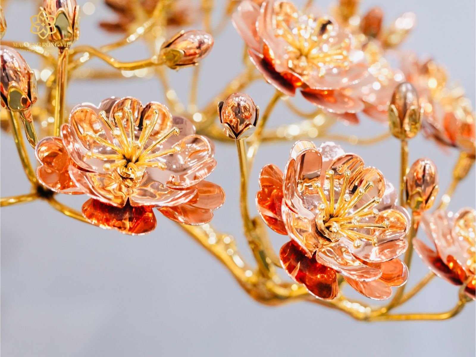 bông hoa đào cây đào Hồng Xuân mạ vàng 24K mix rose gold