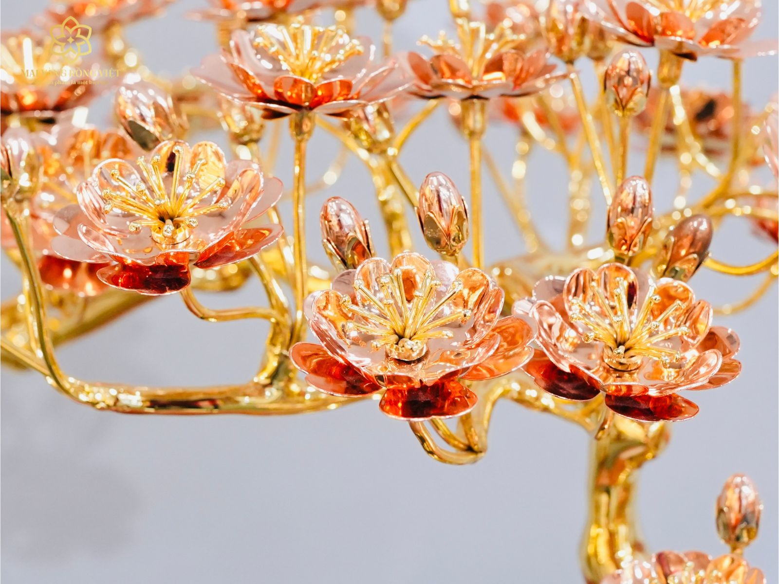 3 bông hoa đào cây đào Hồng Xuân mạ vàng 24K mix rose gold