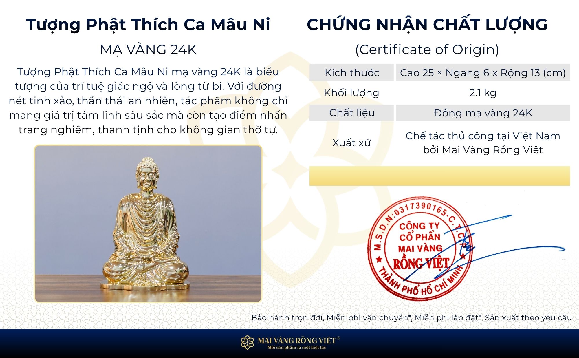 Chứng nhận chất lượng mạ vàng 24K của xưởng Mai Vàng Rồng Việt