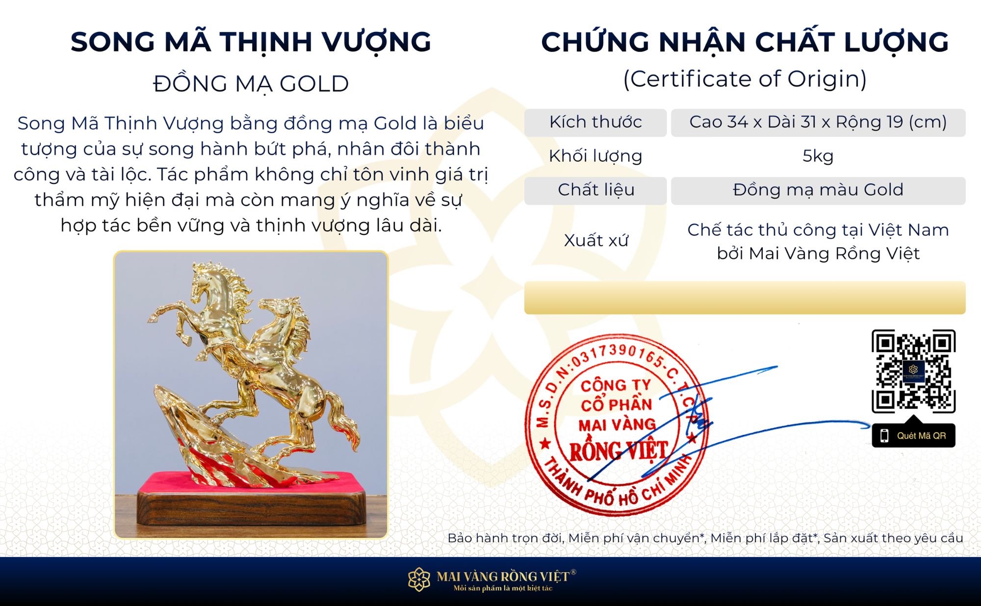 Chứng nhận chất lượng của tượng song mã cao 34cm