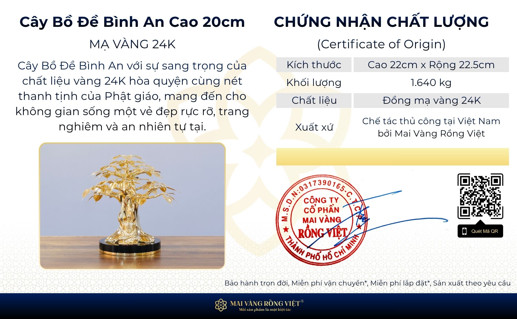 Giấy chứng nhận chất lượng cây bồ đề bình an mạ vàng 24k cao 20cm