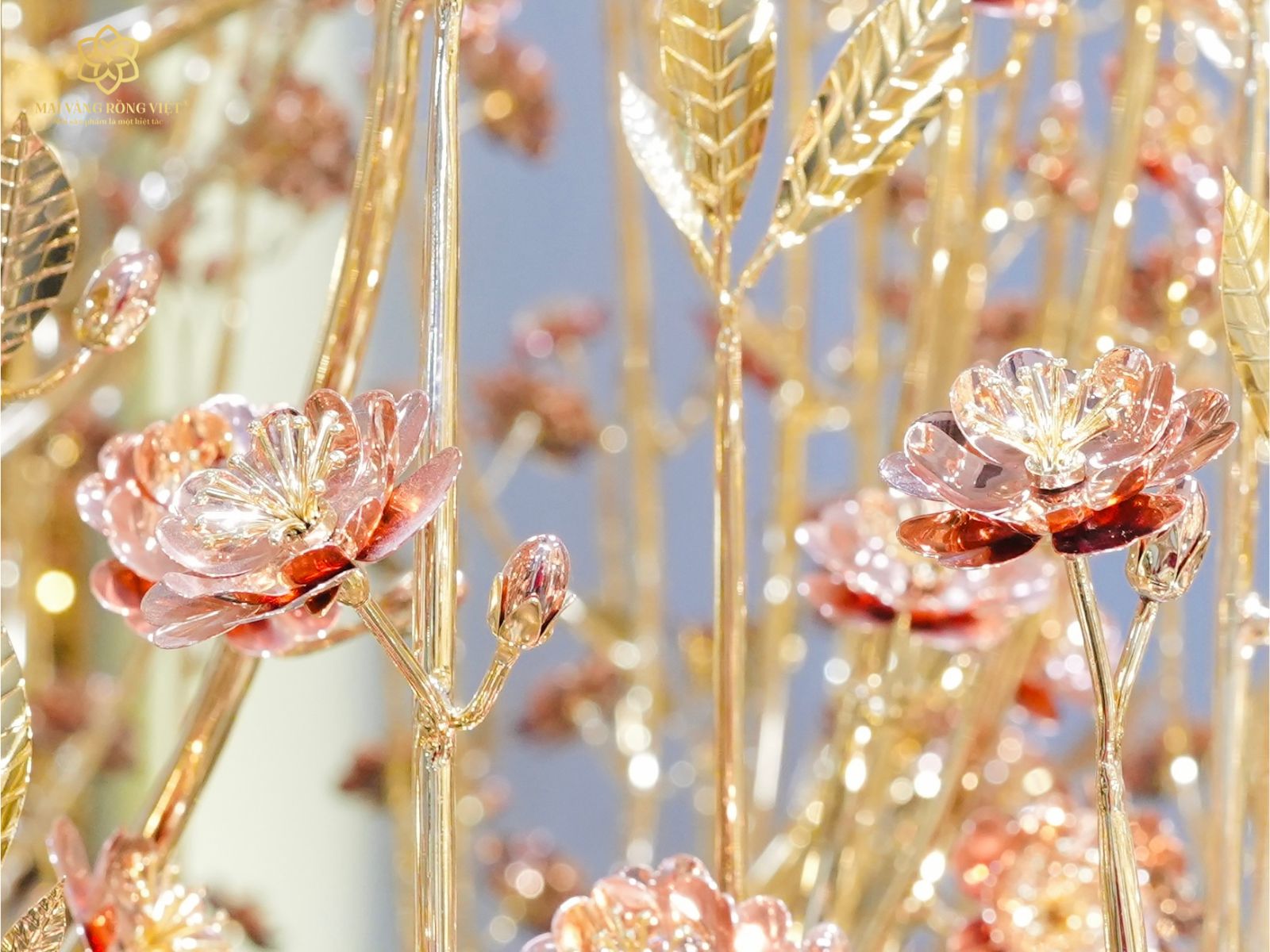 Hai Bông Hoa Đào Cây Đào Trường Xuân Mạ Vàng 24K Mix Rose Gold Cao 2,6 Mét