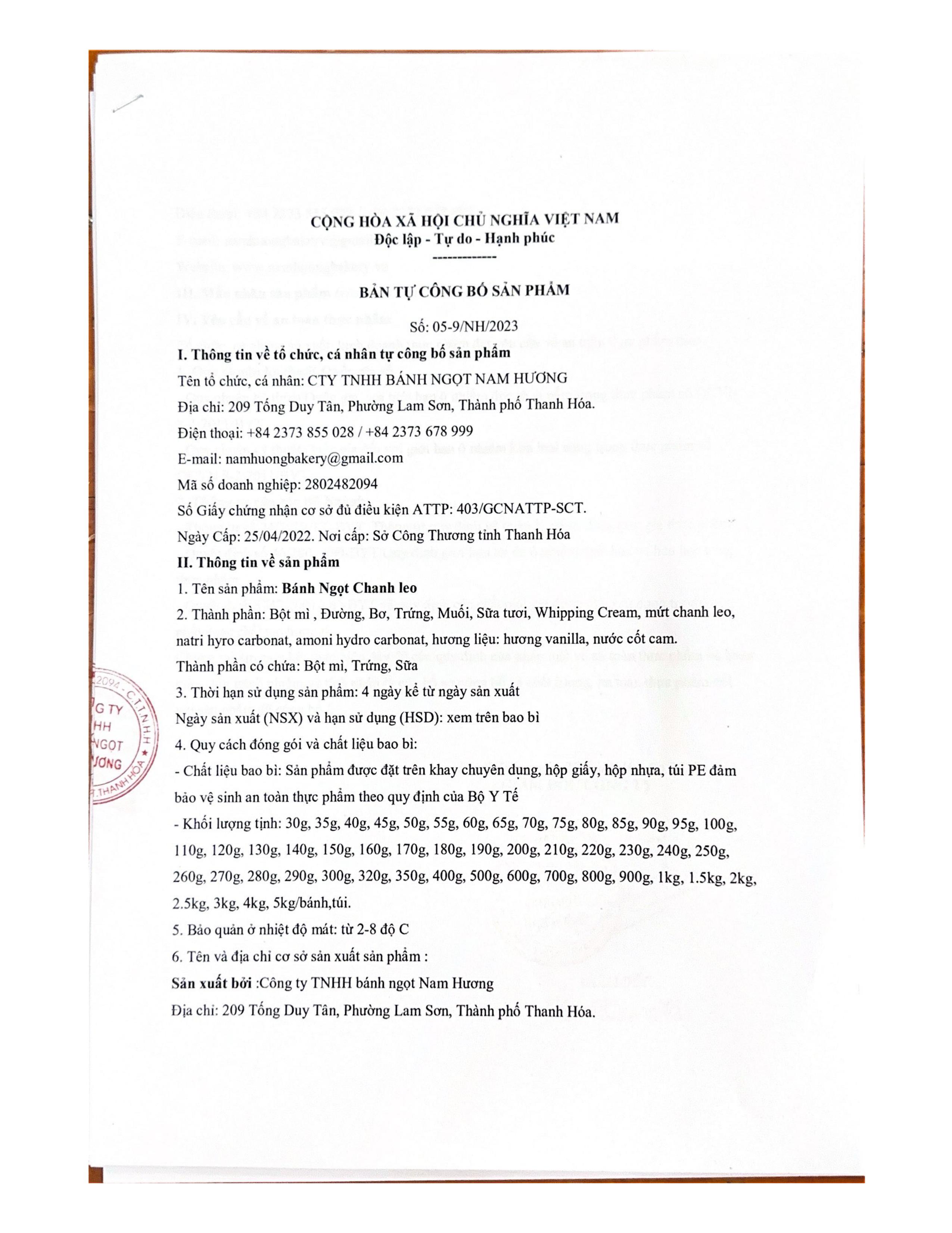 5.9. Bản tự công bố sản phẩm_Bánh Ngọt Chanh leo