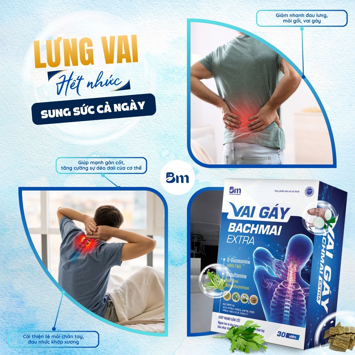Viên uống đau mỏi vai gáy BACHMAI Extra giúp giảm nhanh các triệu chứng đau mỏi vai gáy 