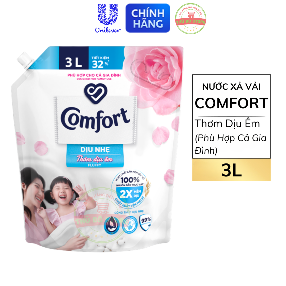 Nước Xả Vải Comfort Thơm Dịu Êm Phù Hợp Cả Gia Đình & Cho Bé - Túi 3L