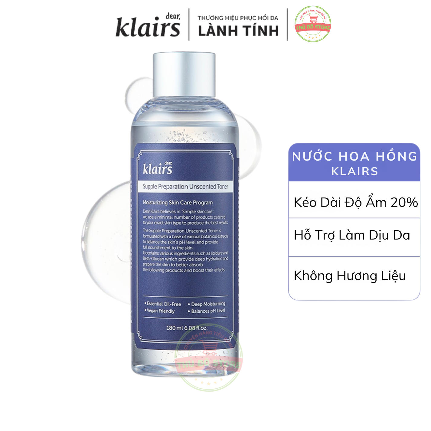 Nước Hoa Hồng Dear, Klairs Không Mùi Dành Cho Da Nhạy Cảm Supple Preparation Unscented Toner - Chai 180ML
