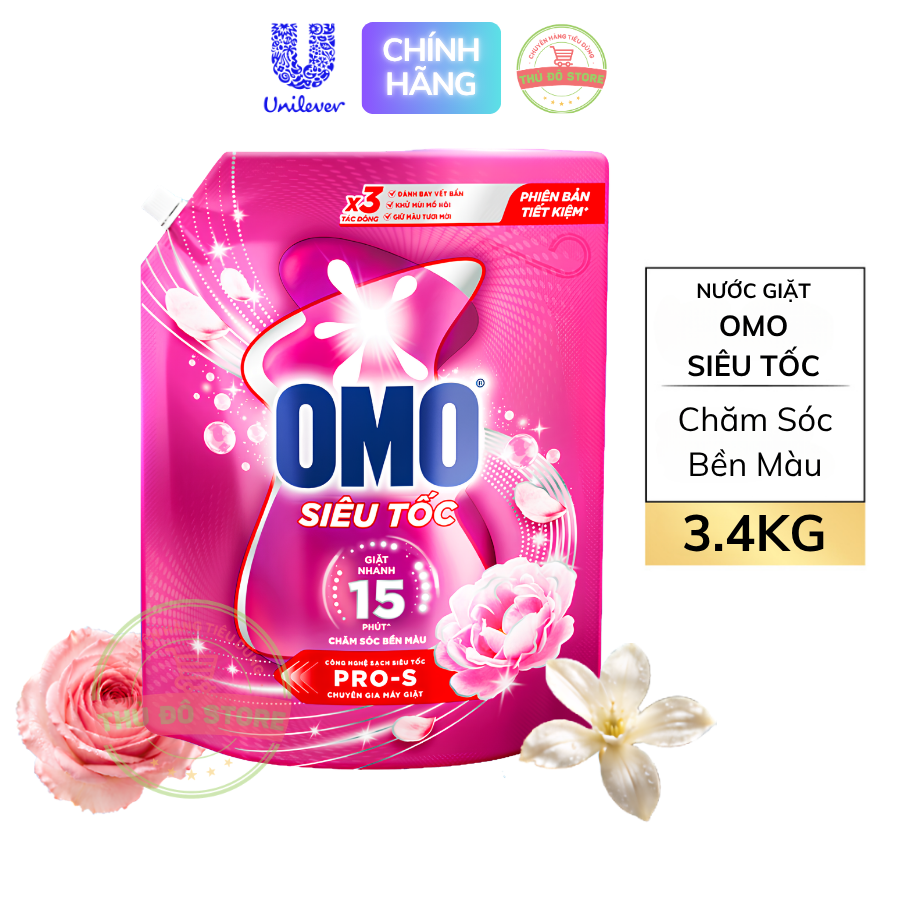 Nước Giặt OMO Siêu Tốc Dành Cho Chu Trình Giặt Nhanh Chăm Sóc Bền Màu (Hồng) - Túi 3.4KG