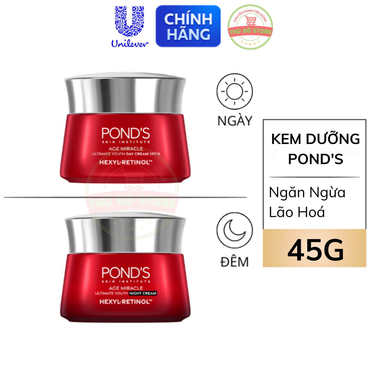 Kem Dưỡng Pond Age Miracle Ngăn Ngừa Lão Hoá 50X Hexyl-Retinol Ngày | Đêm - 45G