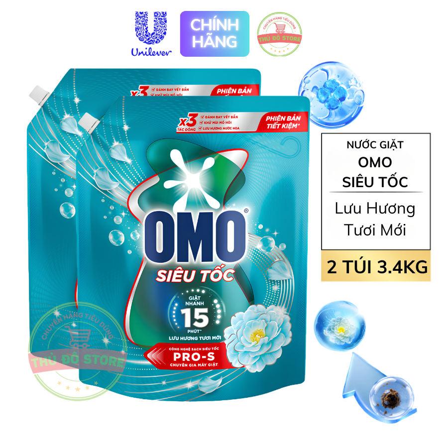 *CB2 Combo 2 Túi Nước Giặt OMO Siêu Tốc Dành Cho Chu Trình Giặt Nhanh Lưu Hương Tươi Mới (Xanh) - CB 2 Túi 3.4KG