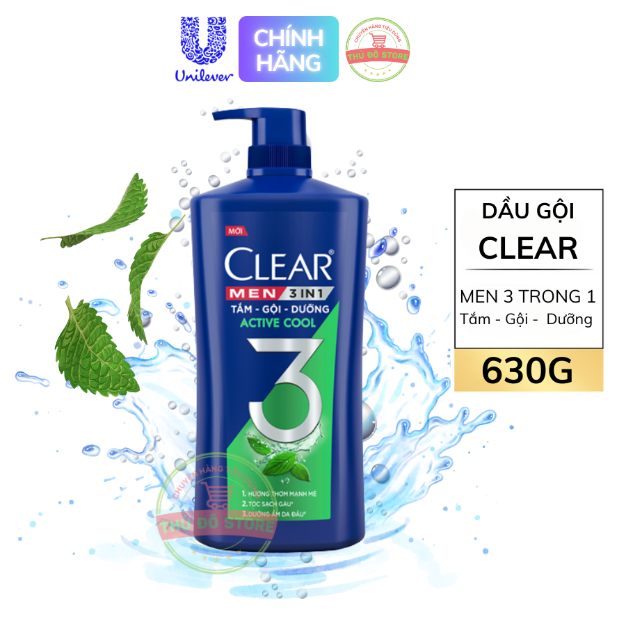 Dầu Gội Đầu Clear Men Cho Nam 3 Trong 1 Tắm-Gội-Dưỡng Active Cool - 630G