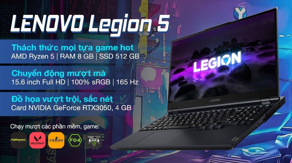 Laptop Lenovo Gaming Legion 5 15ACH6 R5 5600H/8GB/512GB/4GB RTX3050/165Hz/Win11