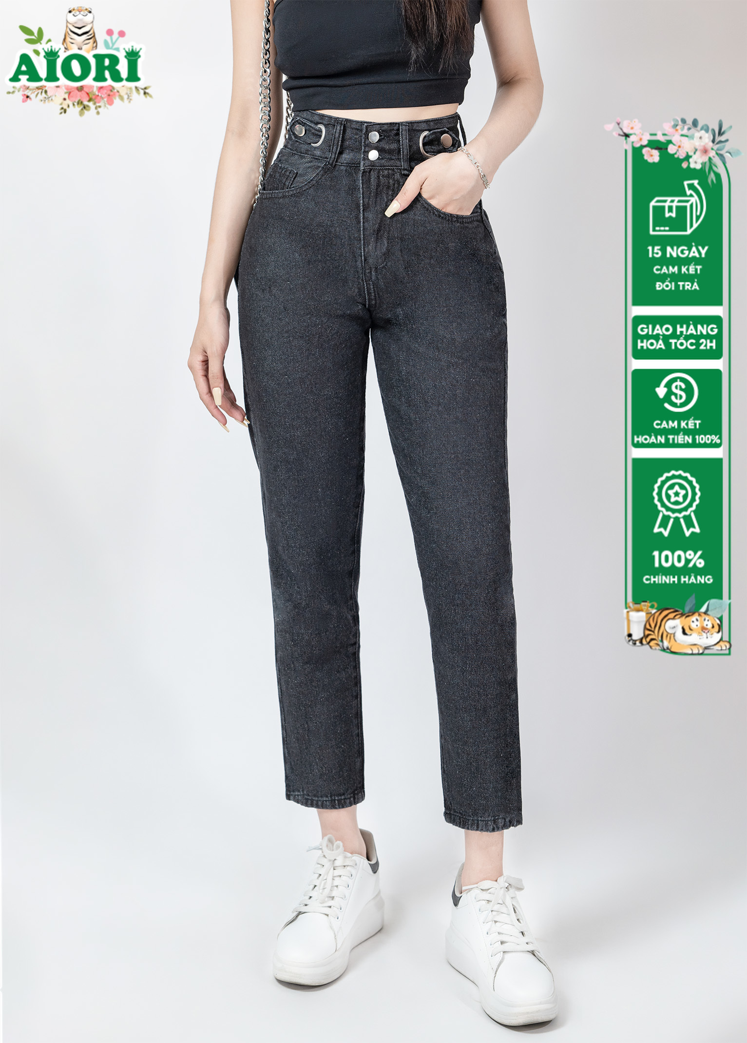 Quần Baggy Jean Nữ AIORI Lưng Cao Thời Trang Màu Đen Hàng Cao Cấp, Mã B011_D