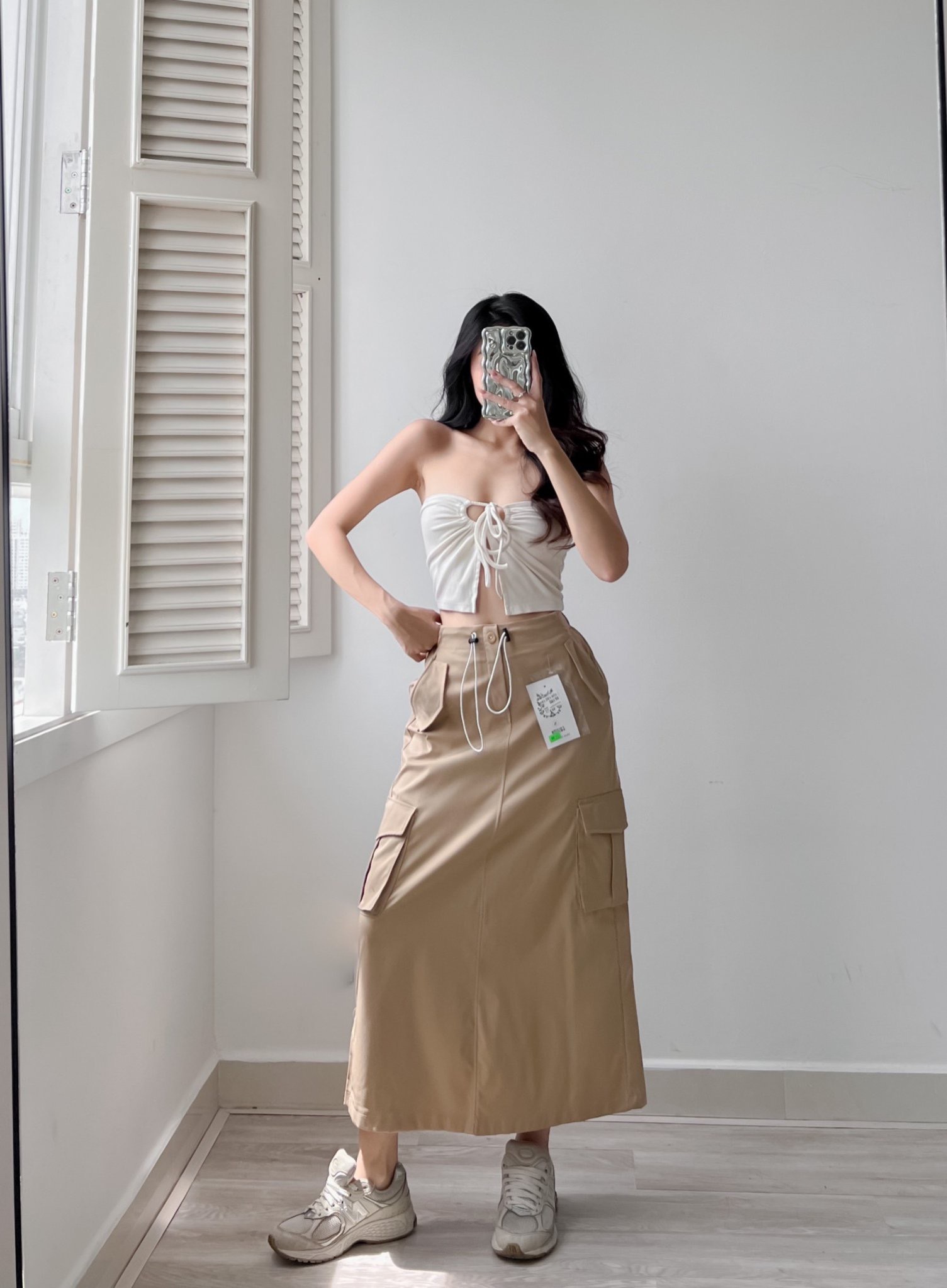 AIORI - Váy Dài Nữ KaKi Túi Hộp Lưng Thun Co Giãn Có Dây Siết Eo Mã V010