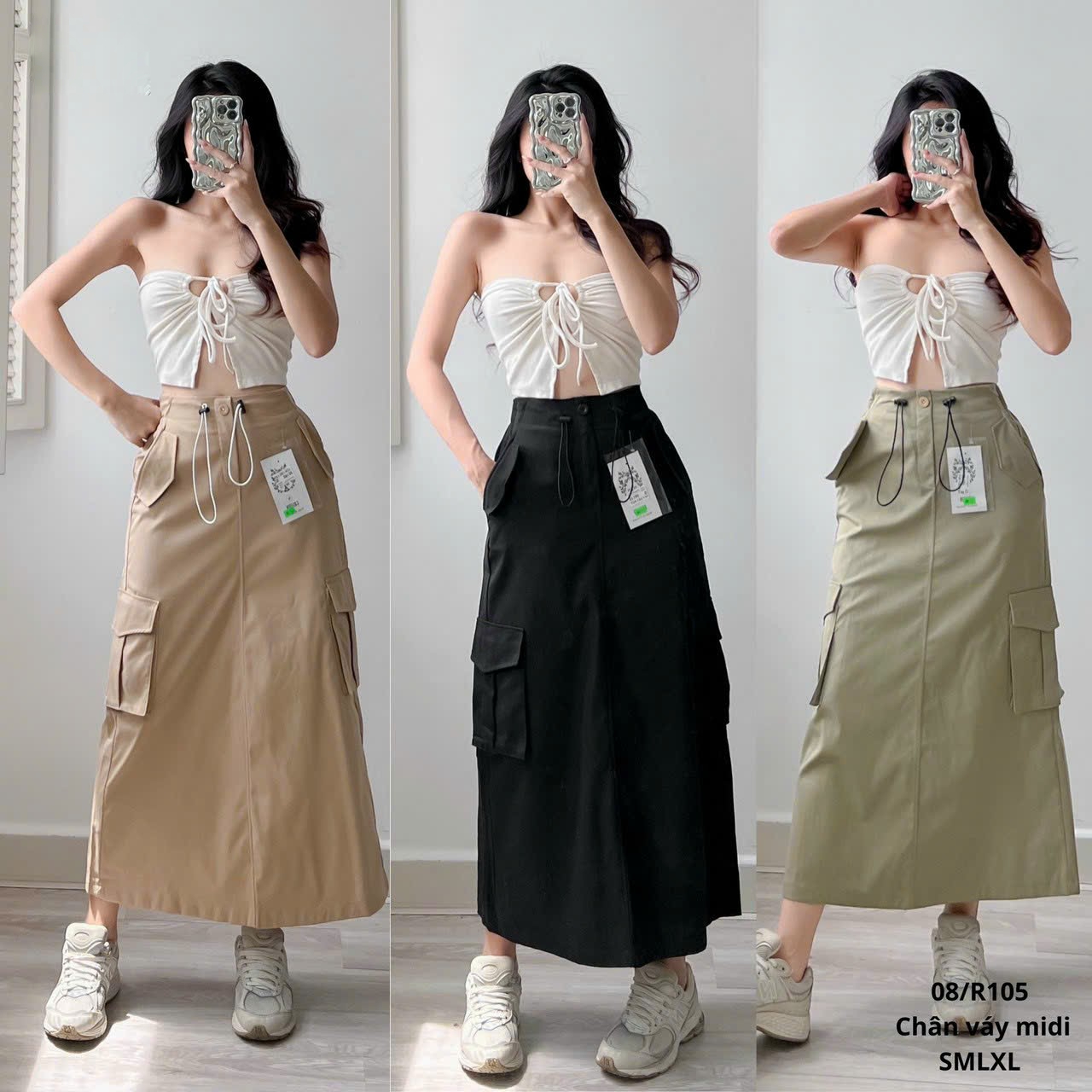 Chân váy kaki túi hộp dáng dài midi y2k phong cách ulzzang vintage dây rút  xẻ sau cá tính trẻ trung đen ghi xám CV62 - MixASale