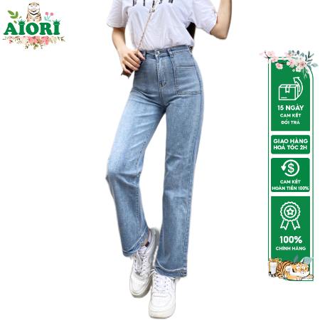 Quần Jean Nữ AIORI Ống Suông Đứng Xanh Nhạt Co Giãn Mềm Mịn Mã E002