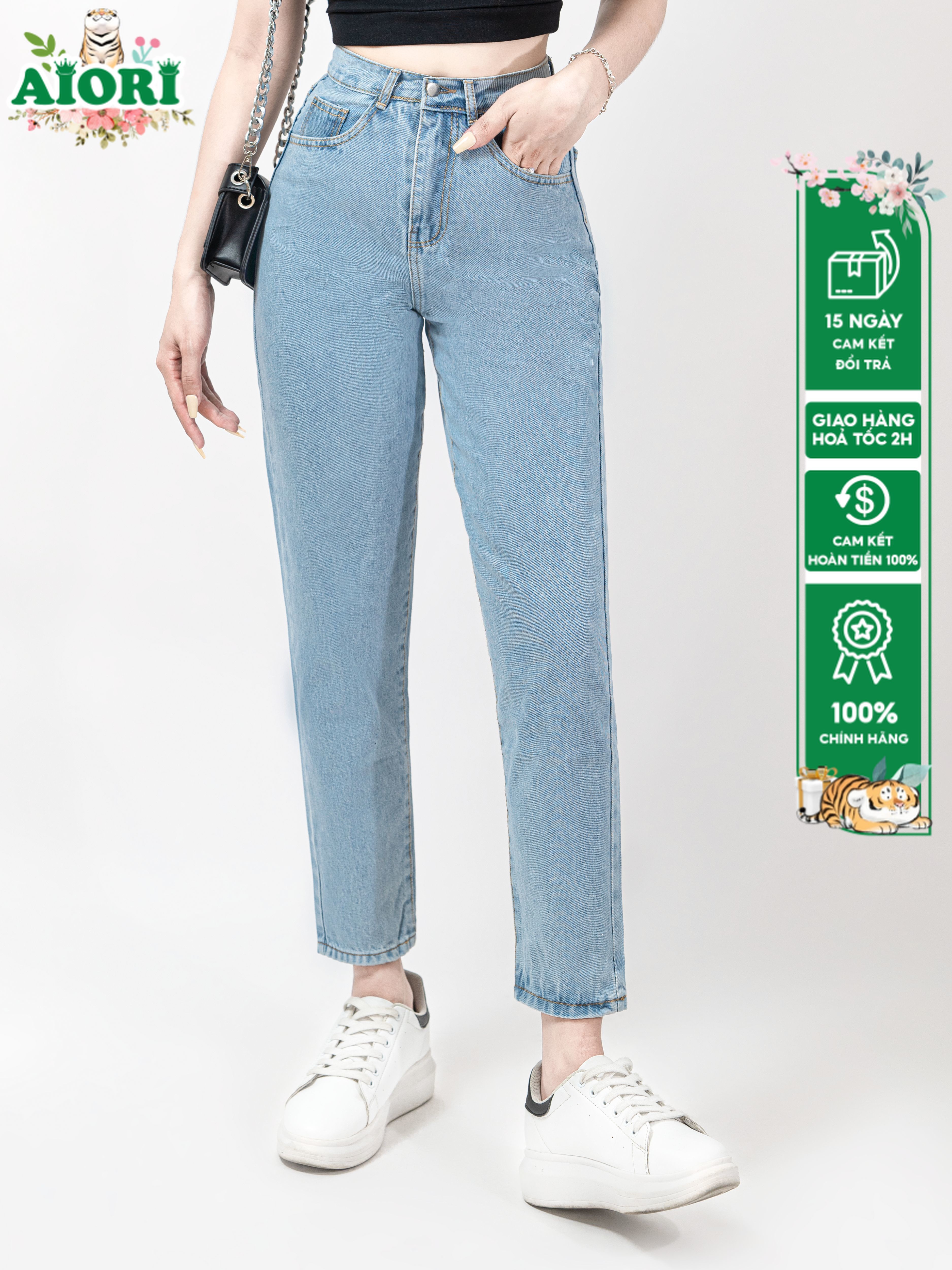 Quần Baggy Jeans Nữ AIORI Lưng Cao Màu Xanh Nhạt Trơn Hàng Cao Cấp, Mã B020_XN