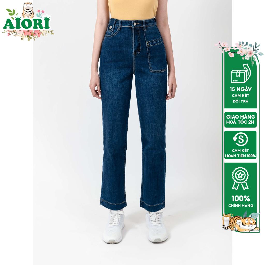 Quần Jeans Nữ AIORI Ống Suông Đứng Nắp Túi Dáng Dài Xanh Đậm Co Giãn Mềm Mịn E002_XD