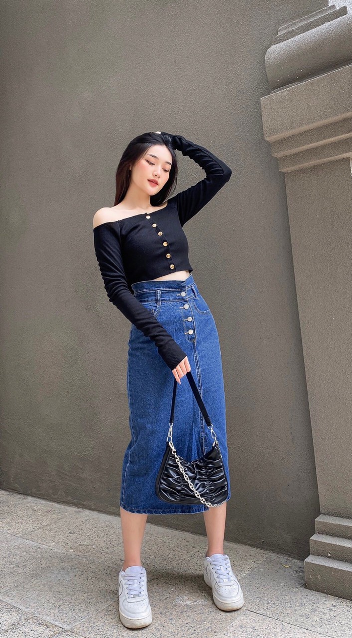 Chân Váy Jeans AIORI Chữ A Lưng Cao 4 Nút Mã V002