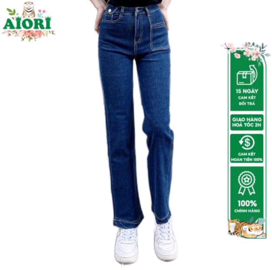 Quần Jean Nữ AIORI Ống Suông Đứng Xanh Đậm Co Giãn Mềm Mịn Mã E002