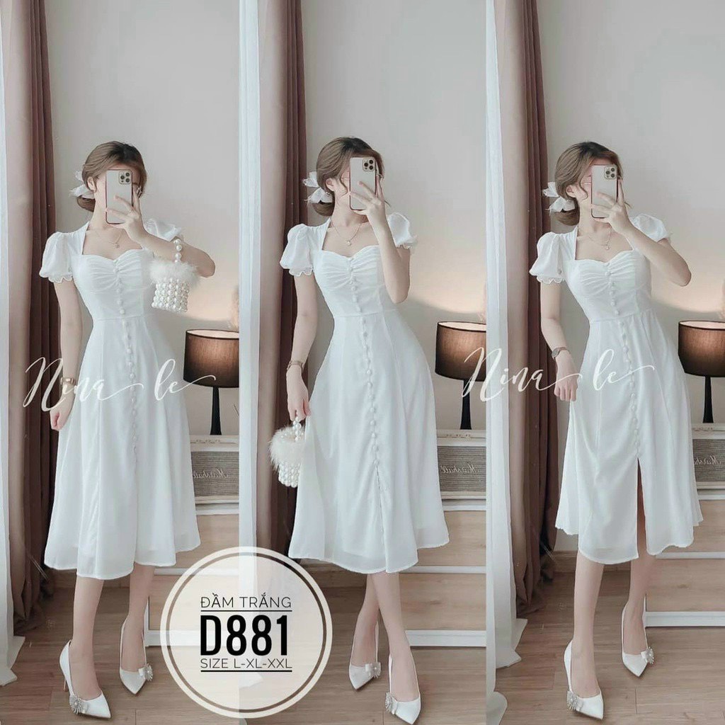 Váy cưới đơn giản màu trắng xẻ tà