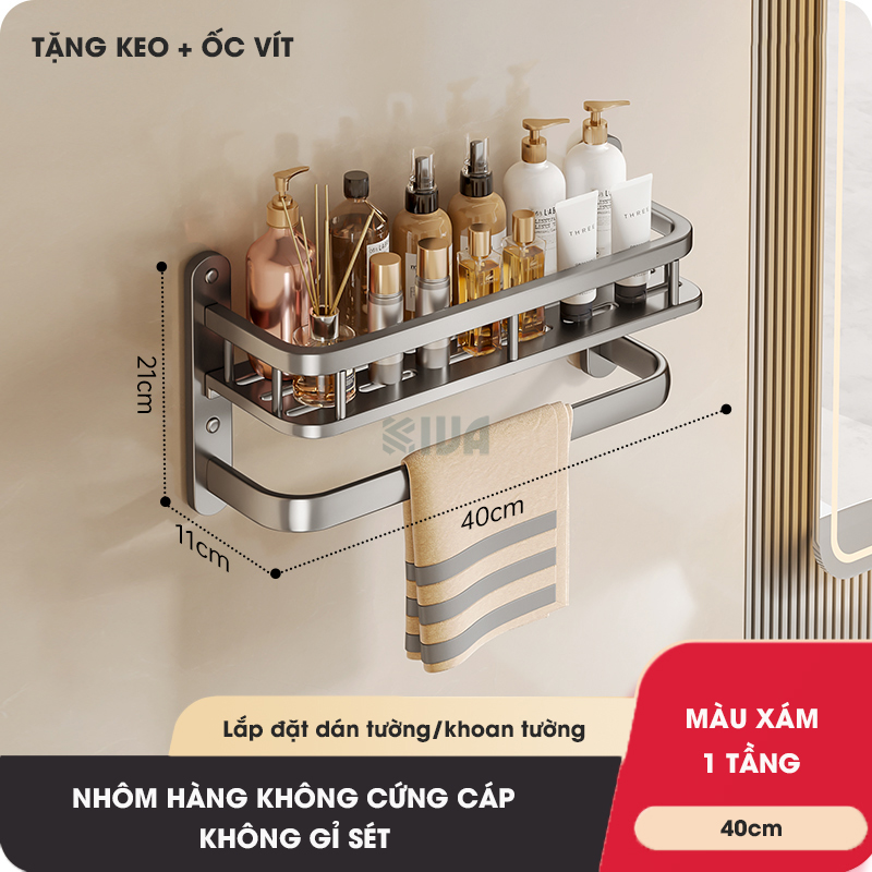 Kệ phòng tắm KIVA để đồ nhiều tầng treo tường, kích thước lớn để đồ nhà tắm, lắp đặt dán tường, khoan tường.