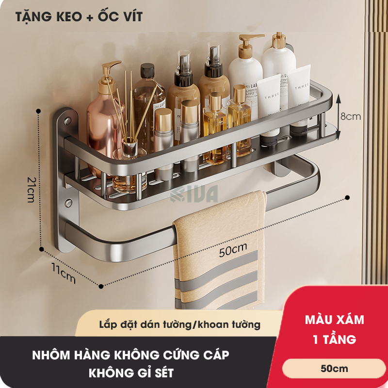 Kệ phòng tắm KIVA để đồ nhiều tầng treo tường, kích thước lớn để đồ nhà tắm, lắp đặt dán tường, khoan tường.