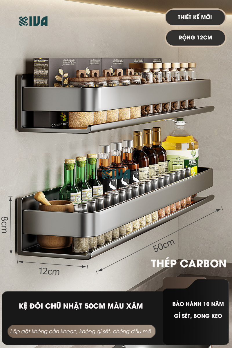 Kệ gia vị nhà bếp đa năng KIVA màu xám, chất liệu thép Carbon, lắp đặt dán tường, khoan tường
