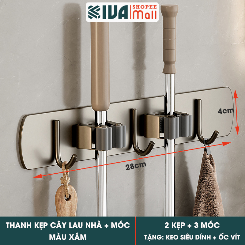 Móc Kẹp Cây Lau Nhà KIVA, Chất Liệu Nhôm Hàng Không Cao Cấp, Lắp Đặt Không Cần Khoan.