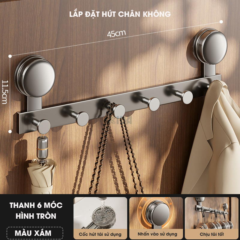 Thanh móc treo đồ, quần áo đa năng KIVA, lắp đặt hút chân không, chất liệu nhôm hàng không cao cấp