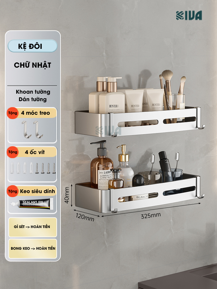 Kệ góc nhôm hàng không KIVA màu bạc, kệ để đồ nhà tắm lắp đặt dán tường, khoan tường