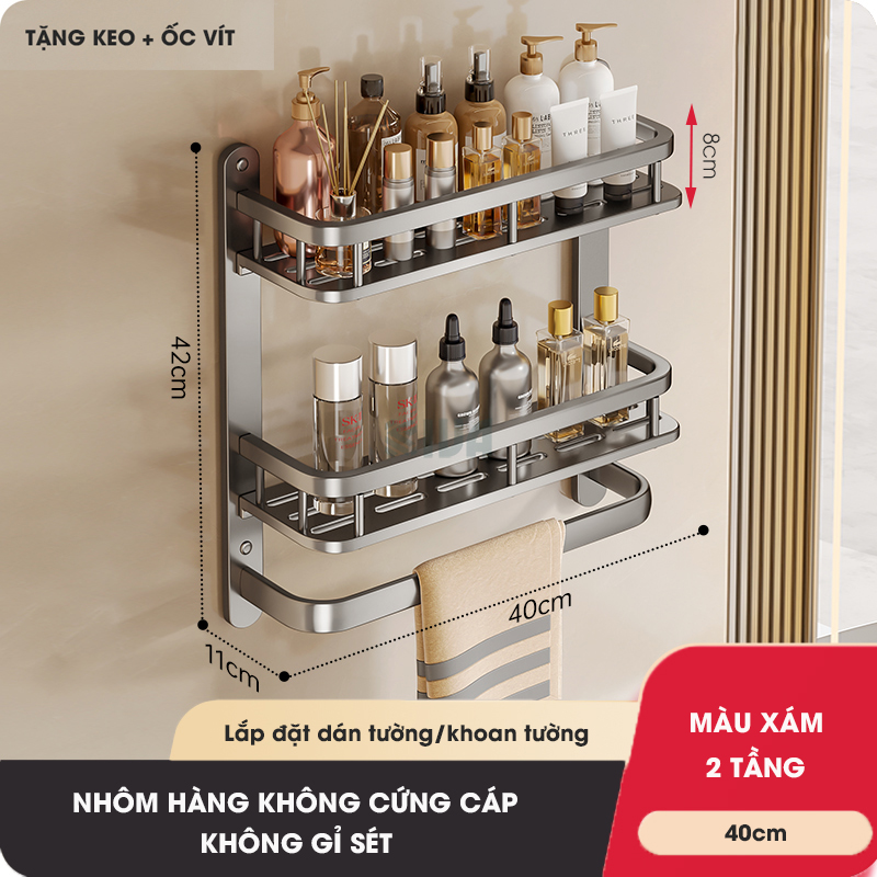 Kệ phòng tắm KIVA để đồ nhiều tầng treo tường, kích thước lớn để đồ nhà tắm, lắp đặt dán tường, khoan tường.