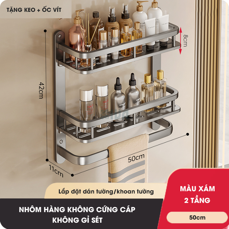 Kệ phòng tắm KIVA để đồ nhiều tầng treo tường, kích thước lớn để đồ nhà tắm, lắp đặt dán tường, khoan tường.