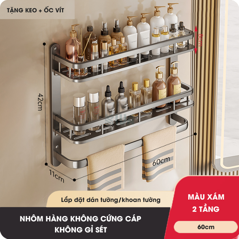 Kệ phòng tắm KIVA để đồ nhiều tầng treo tường, kích thước lớn để đồ nhà tắm, lắp đặt dán tường, khoan tường.