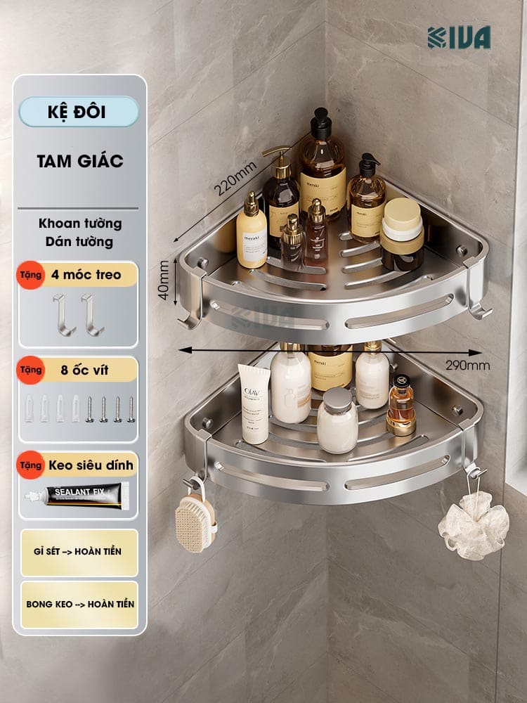 Kệ góc nhôm hàng không KIVA màu bạc, kệ để đồ nhà tắm lắp đặt dán tường, khoan tường