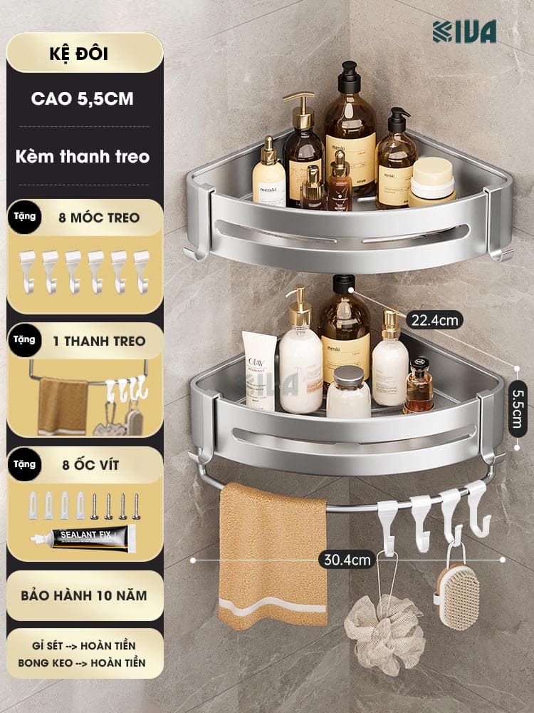 Kệ góc nhôm hàng không KIVA màu bạc, kệ để đồ nhà tắm lắp đặt dán tường, khoan tường