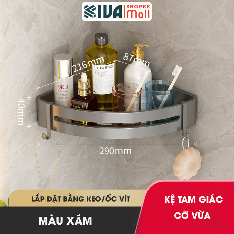 Kệ góc phòng tắm để đồ dán tường KIVA màu xám, chất liệu nhôm hàng không, lắp đặt dán tường và khoan tường.