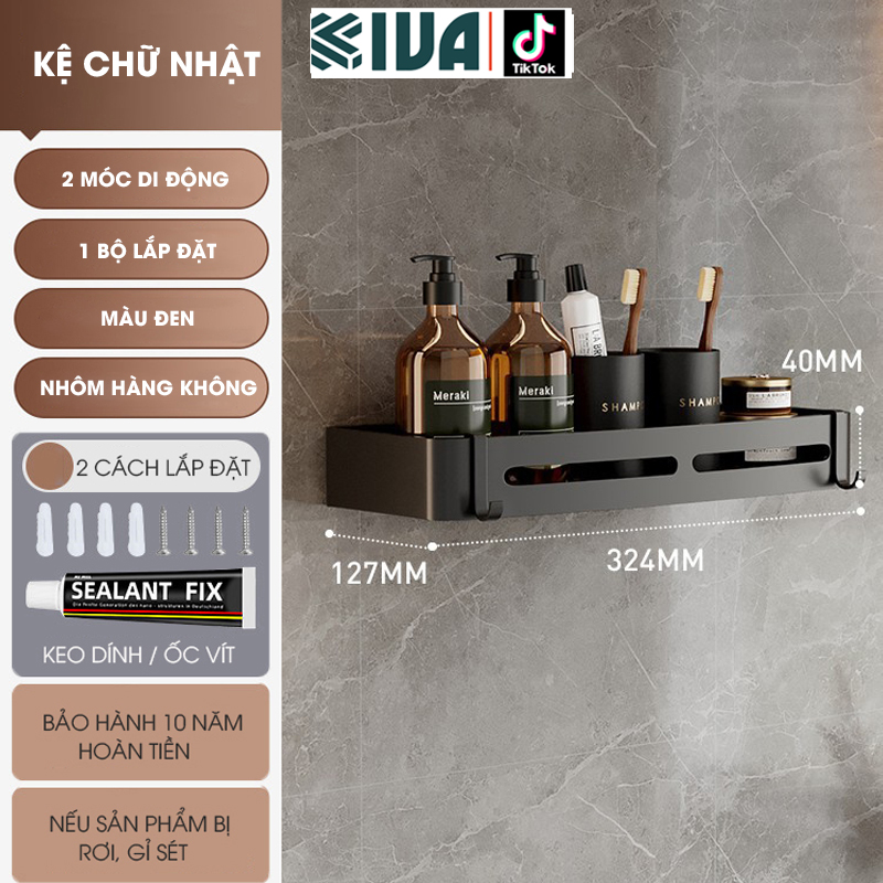 Kệ góc phòng tắm để đồ dán tường KIVA màu xám, chất liệu nhôm hàng không, lắp đặt dán tường và khoan tường.